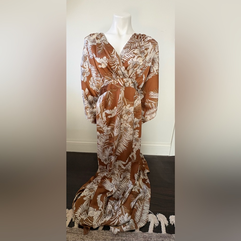 Lulus Take a Holiday Tan Tropical Print Maxi Dress
